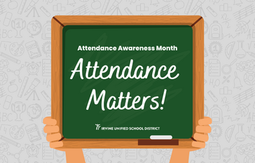 A chalkboard with the message 'Attendance Matters!' is held by two hands.